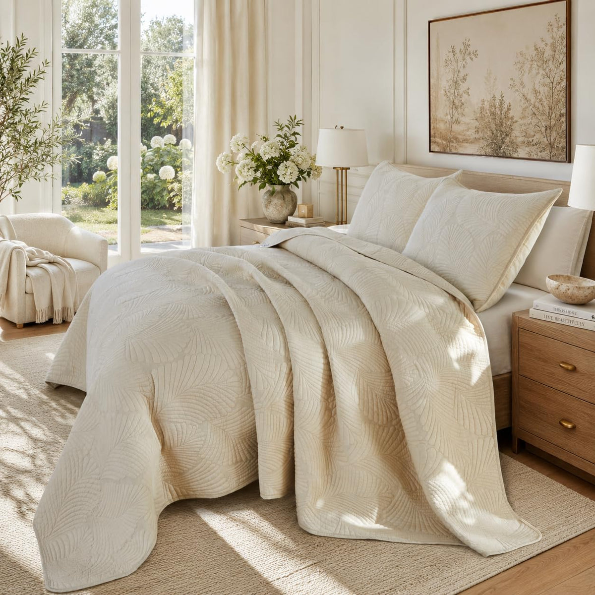 Beige Palm Stitch Quilt Set 100% Cotton Luxury Embroidered Palm Leaf Bedding Premium Summer Tropical Quilt