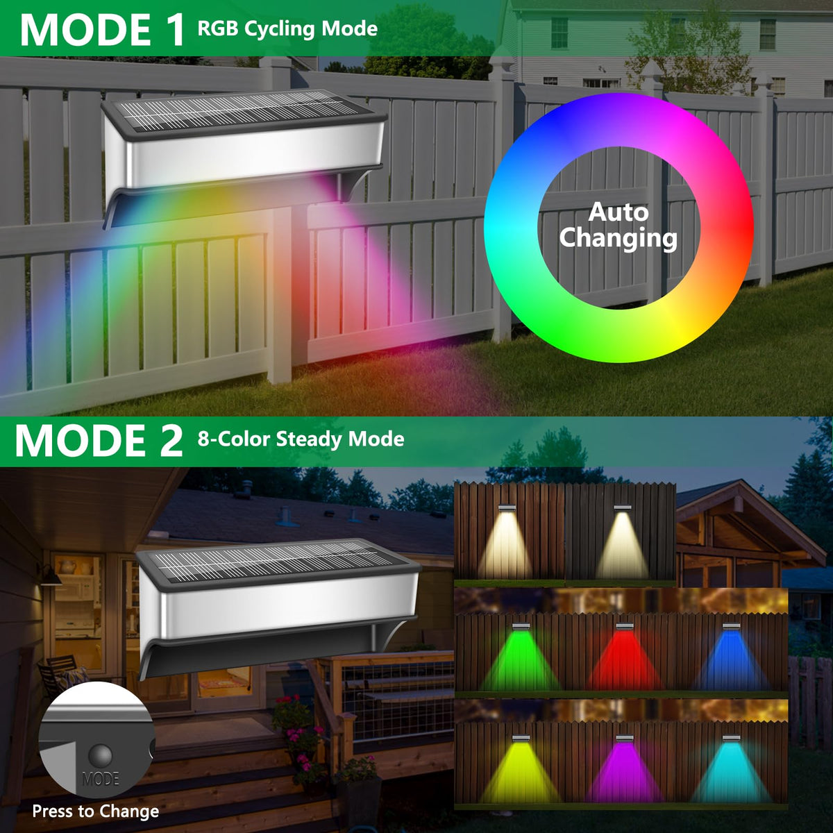 Solar Fence Lights Outdoor 12 Pack, LED Step Lights with 9 Lighting Options, Stainless Steel & IP65 Waterproof, Dusk