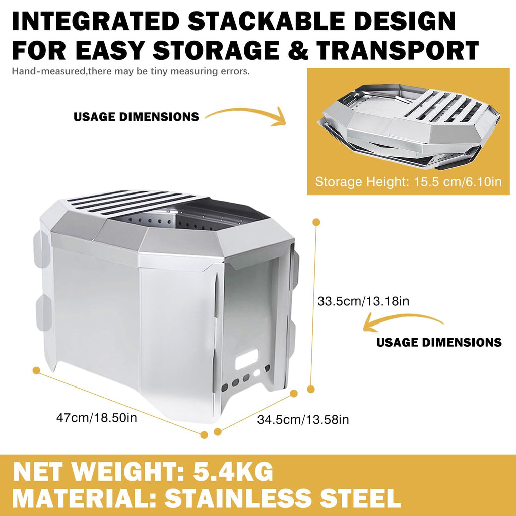 Foldable Smokeless Fire Pit, Portable Wood Burning Fire Pit for Camping & Backyard, Collapsible Stainless Steel