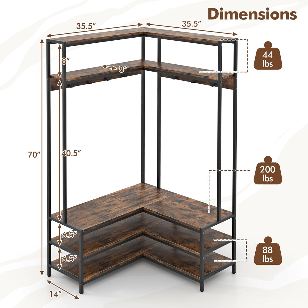 Corner Hall Tree, 70 Inch Coat Rack with Bench and Shoe Storage, Entryway Furniture with 7 Hooks, Heavy Duty Metal