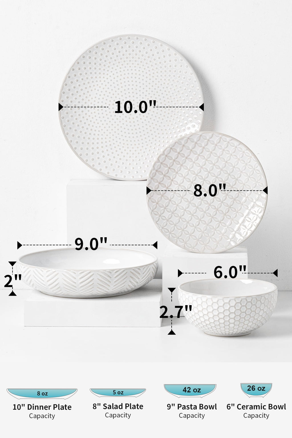 24 Piece Dinnerware Sets for 8, Premium Stoneware Plates and Bowls Sets with pasta and soup bowls, Microwave &