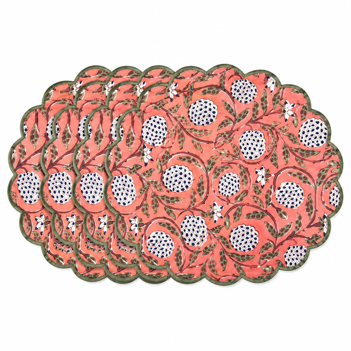 Floral Block Print Round Placemats 15 in, Set of 4, Dark Salmon Pink