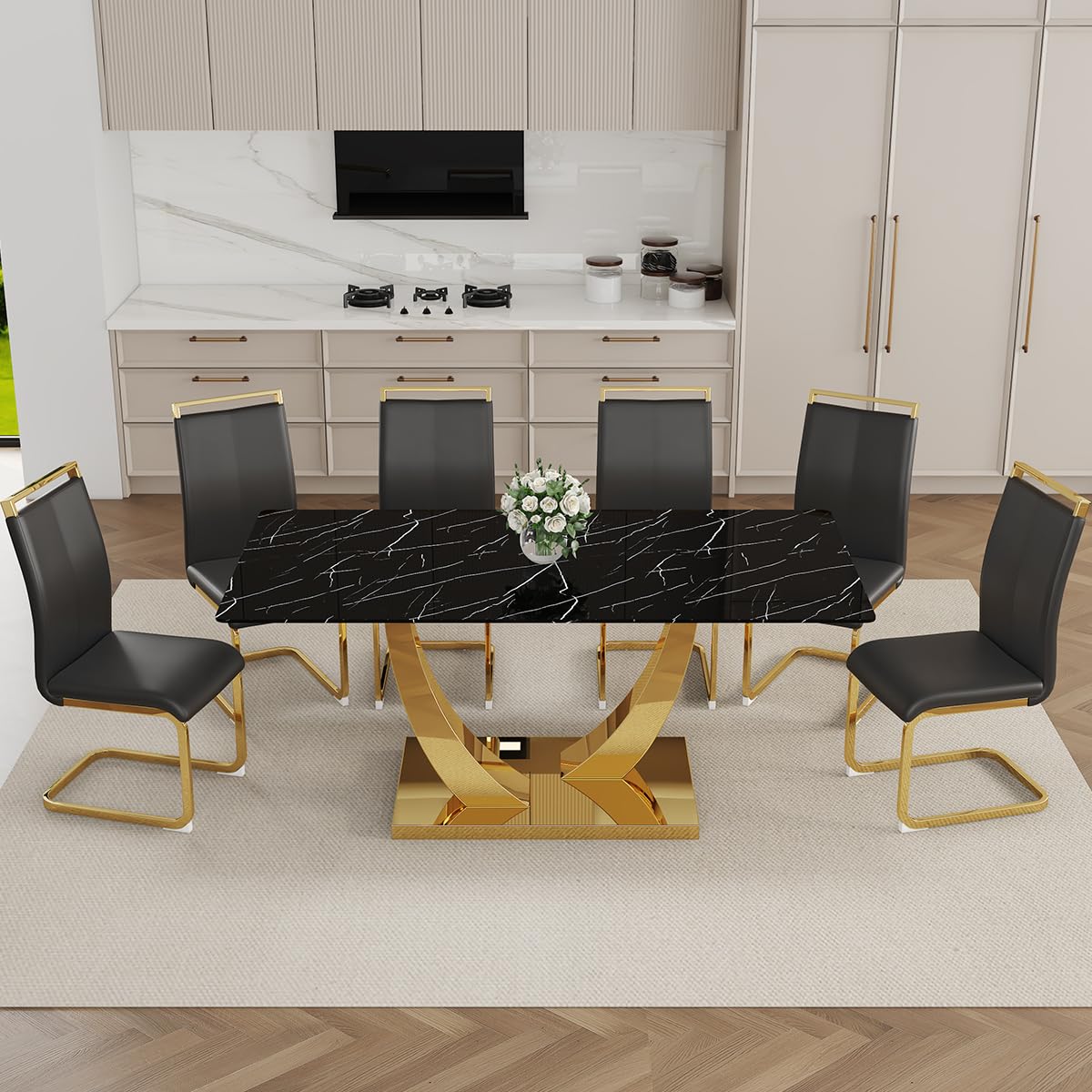 Black Dining Table Set for 6, 71" Faux Marble Dining Table Set for 6