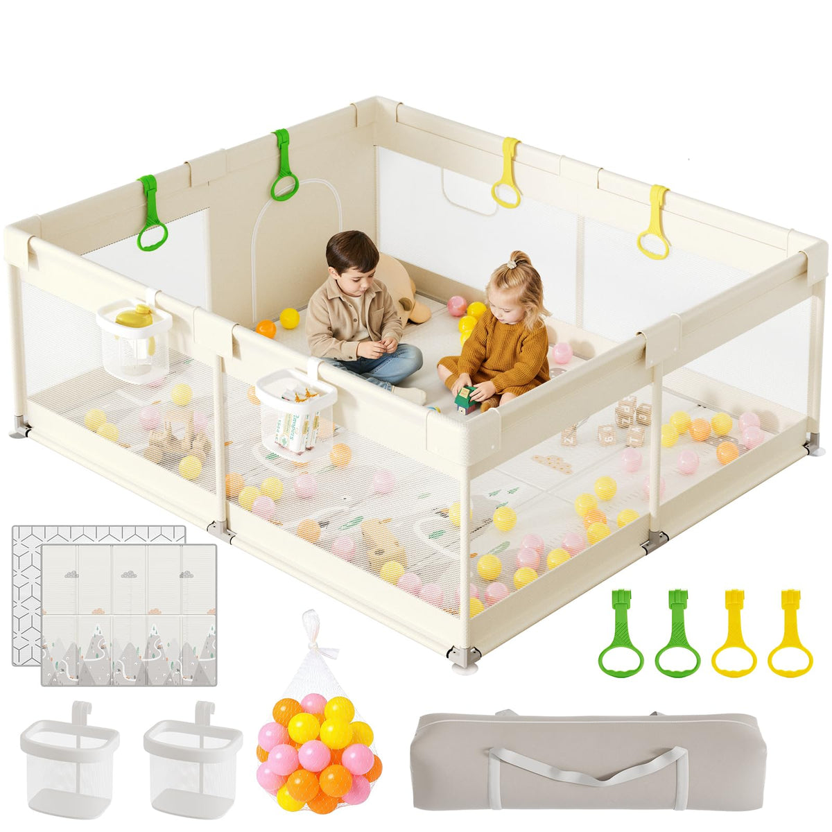 Baby Playpen with Mat, 71×59 in Beige Indoor Play Yard