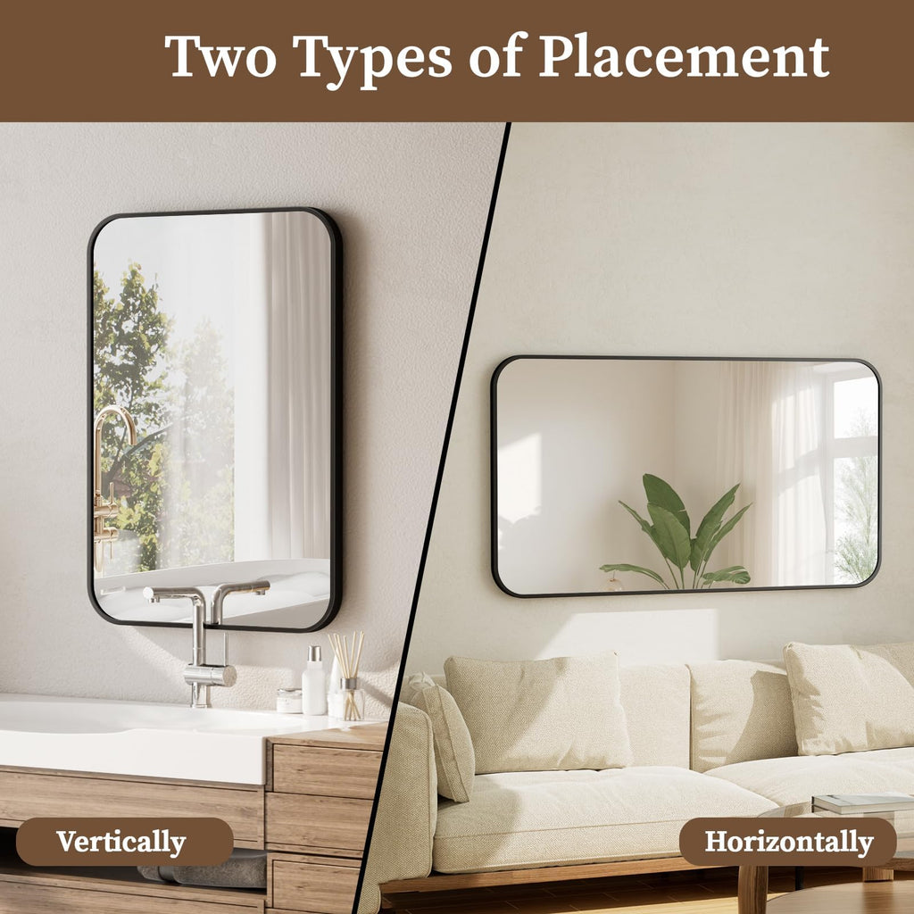 24" x 36" Rectangular Aluminum Alloy Frame Wall Mounted Bathroom Mirror with Rounded Corners, Black
