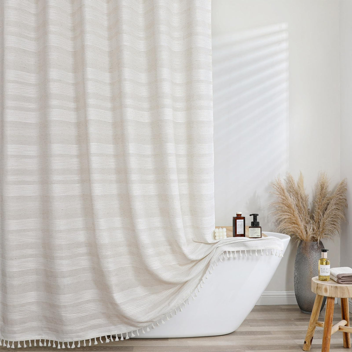 Extra Long Linen Shower Curtain 96 Inch Long, Boho Chic Textured Soft Fabric Heavy Duty Cloth Bathroom Shower Curtain