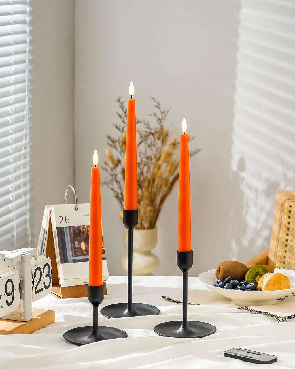Fall Decor, Orange Flameless Taper Candles with Remote and Timer, Real Wax