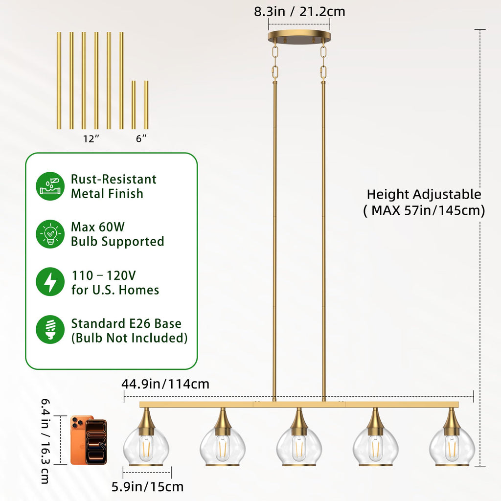 Gold Kitchen Island Linear Pendant Light, 5-Light, E26 Base