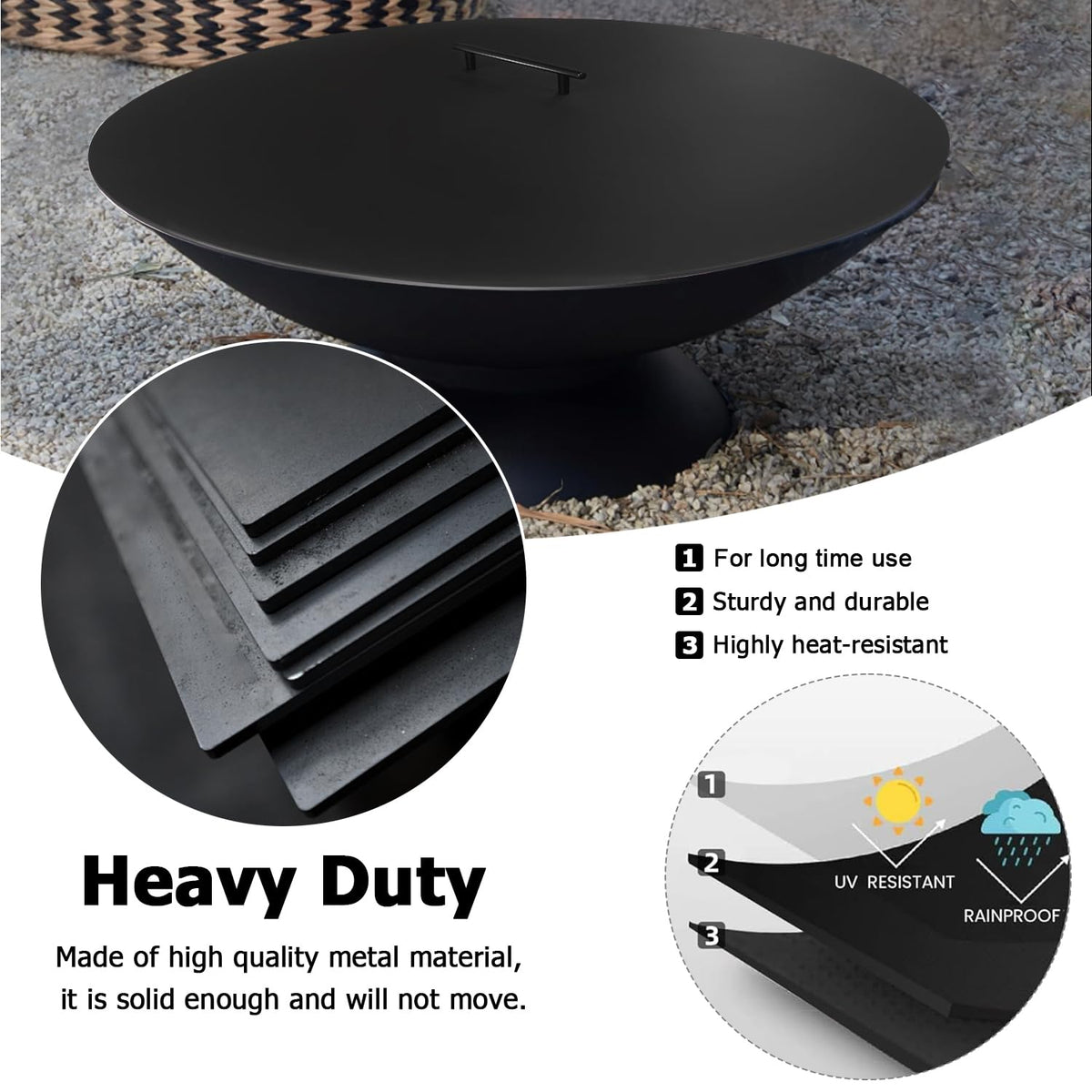 34" Fire Pit Cover Lid Round Outdoor Fireplace Cover Lid Heat Resistant Flat Fire Pit Burner Pan Cover for Round