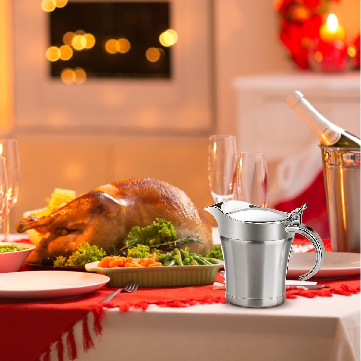 Gravy Boat Double Insulated Stainless Steel Sauce Jug with Hinged Lid for Thanksgiving Dinner - 17 oz