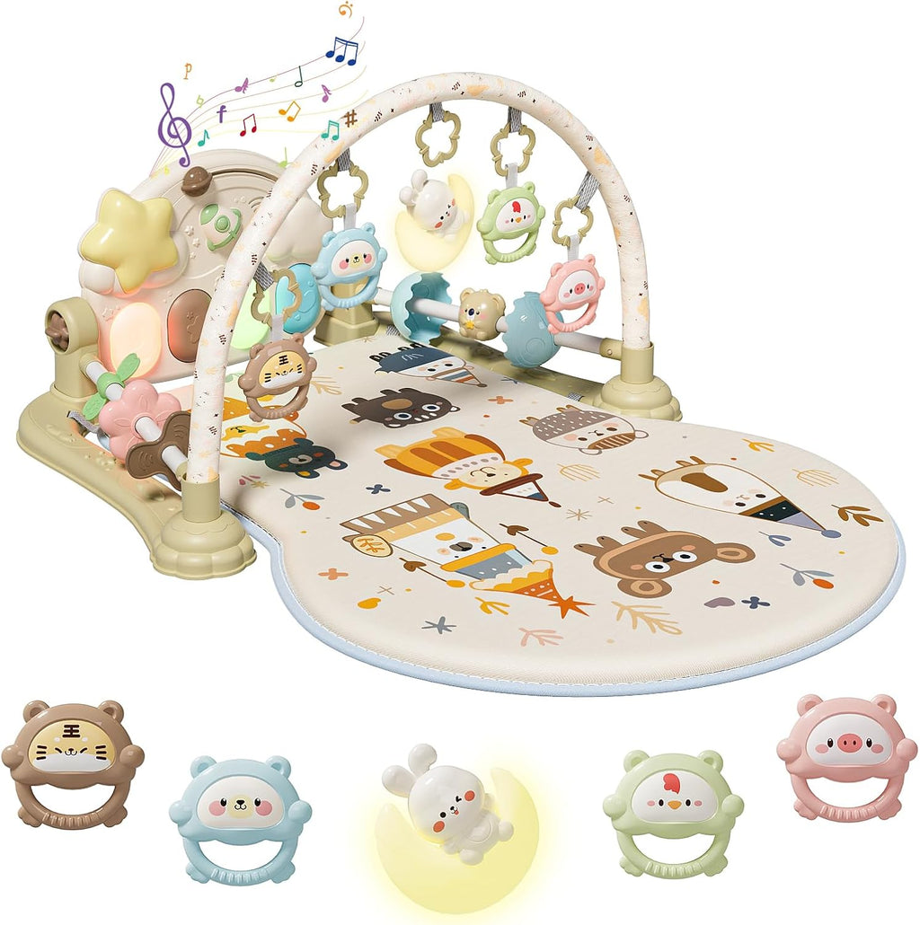 Play Gym Mat - Funny Play Piano Activity Playmat with 5 Infant Learning Detachable Toys for Sensory Development