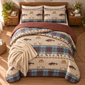 River Fly Fishing Themed Rustic Cabin Lodge Quilt Stitched Bedspread Bedding Set With Fishing Rods Lure With