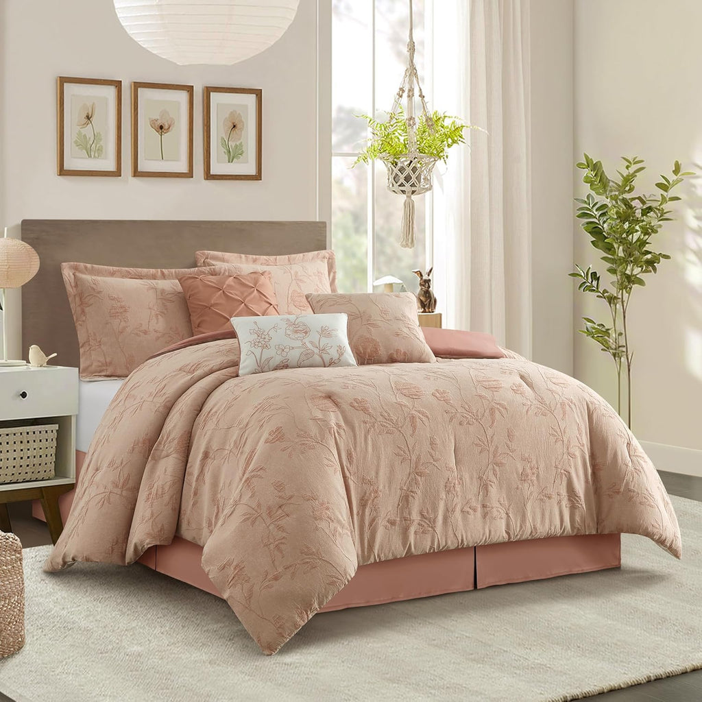 Floral Comforter Set, Blush 7 Pieces Jacquard Bedding Set, Cotton &Polyester Bedding, All Season