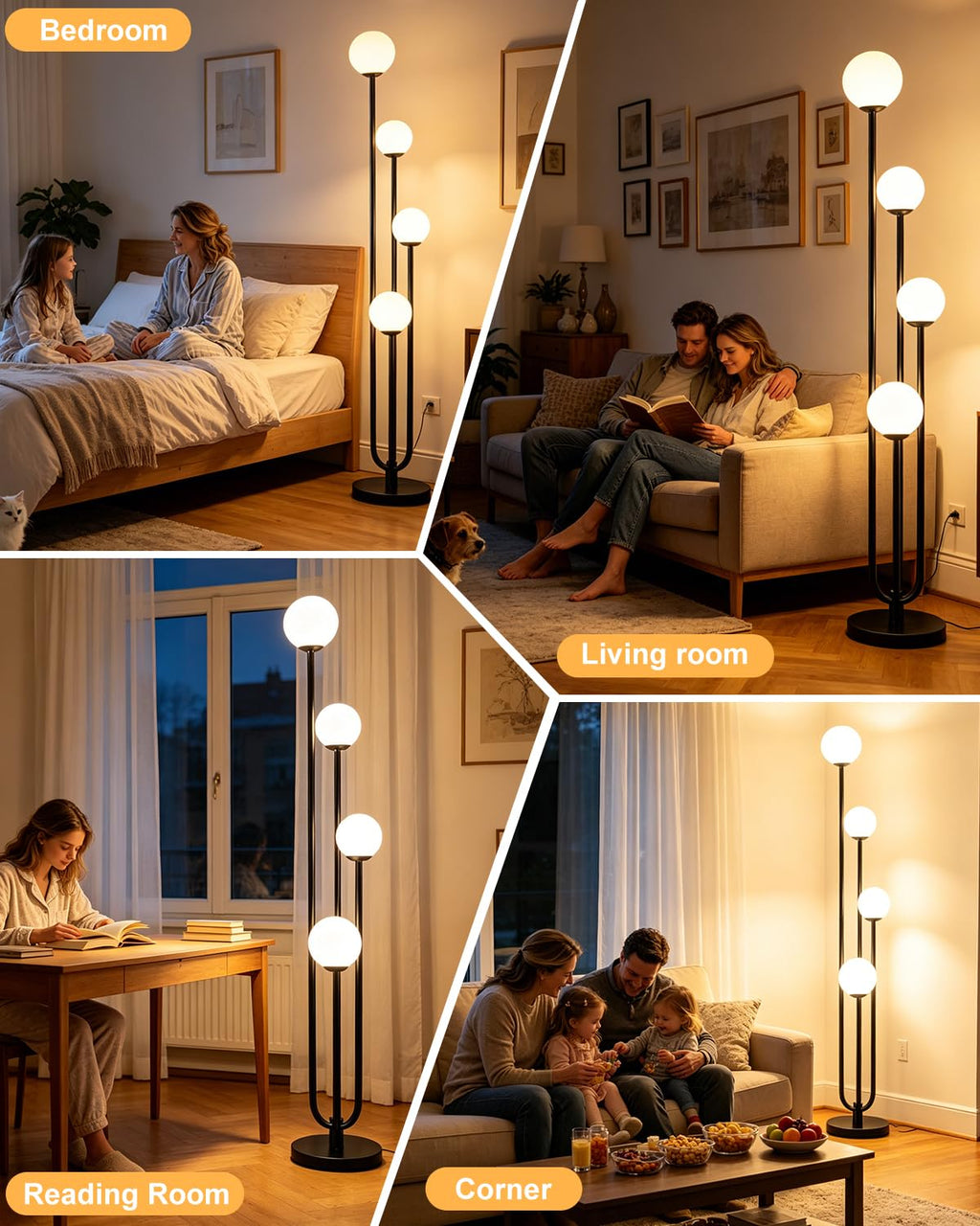 63IN 4-Light Globe Floor Lamp, Unique Black Tall Standing Lamps with 3000K Bulbs for Reading, Mid Century Modern