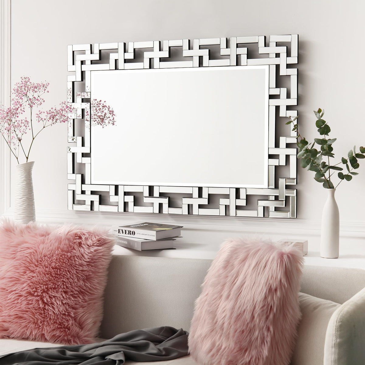 Large Decorative Rectangle Mirror for Wall Decor Art Grecian Venetian Mirror (Silver, 47" x 32")