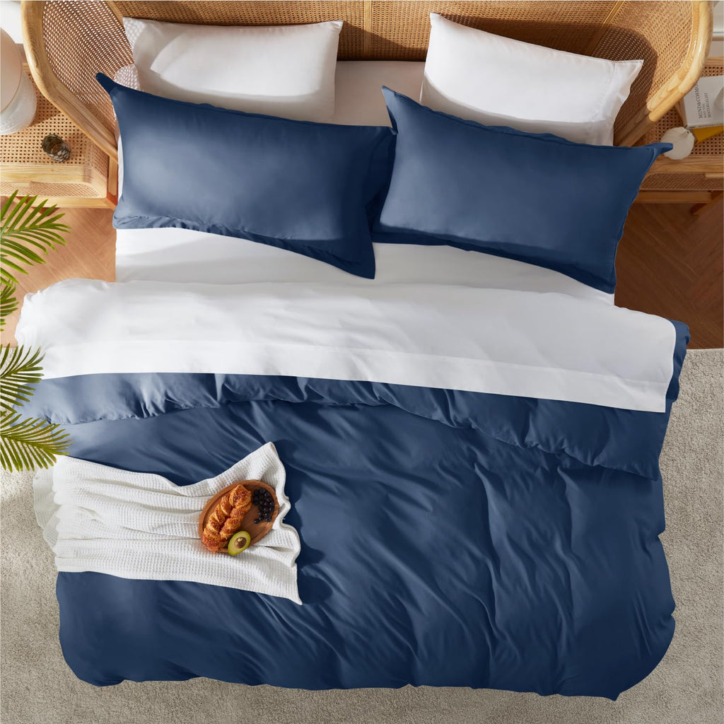 Navy Blue Duvet Cover Sets - Soft Double Brushed Duvet Cover, 3 Piece, with Button Closure