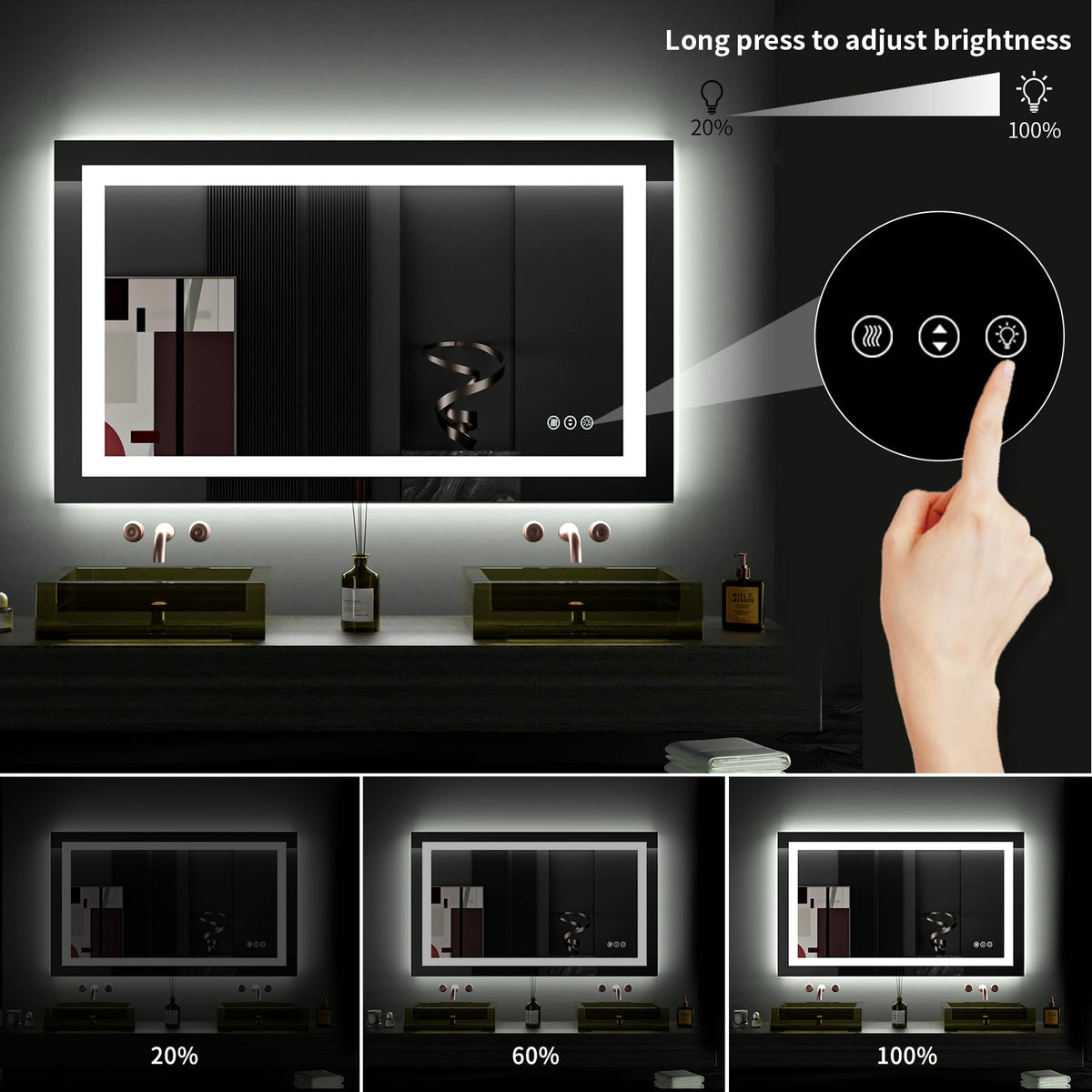 40"X24" LED Bathroom Mirror with Lights, UL Listed