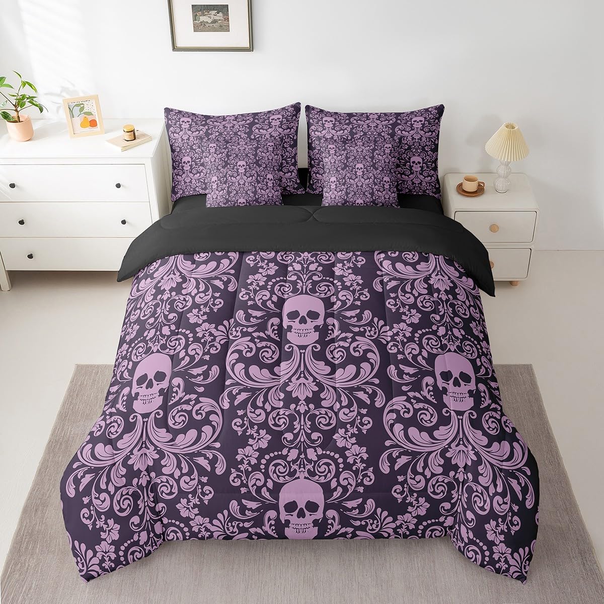 Damask Gothic Bedding Set Adults Antique Victorian Comforter Set 7 Piece Bed in a Bag Twin, Purple Sugar Skull Sheet