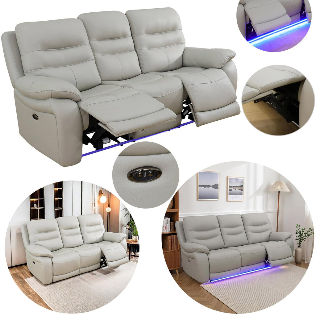 Power Reclining Sofa Set, Genuine Leather Recliner Sofa Set, Living Room Furniture Setwith USB Charging and LED