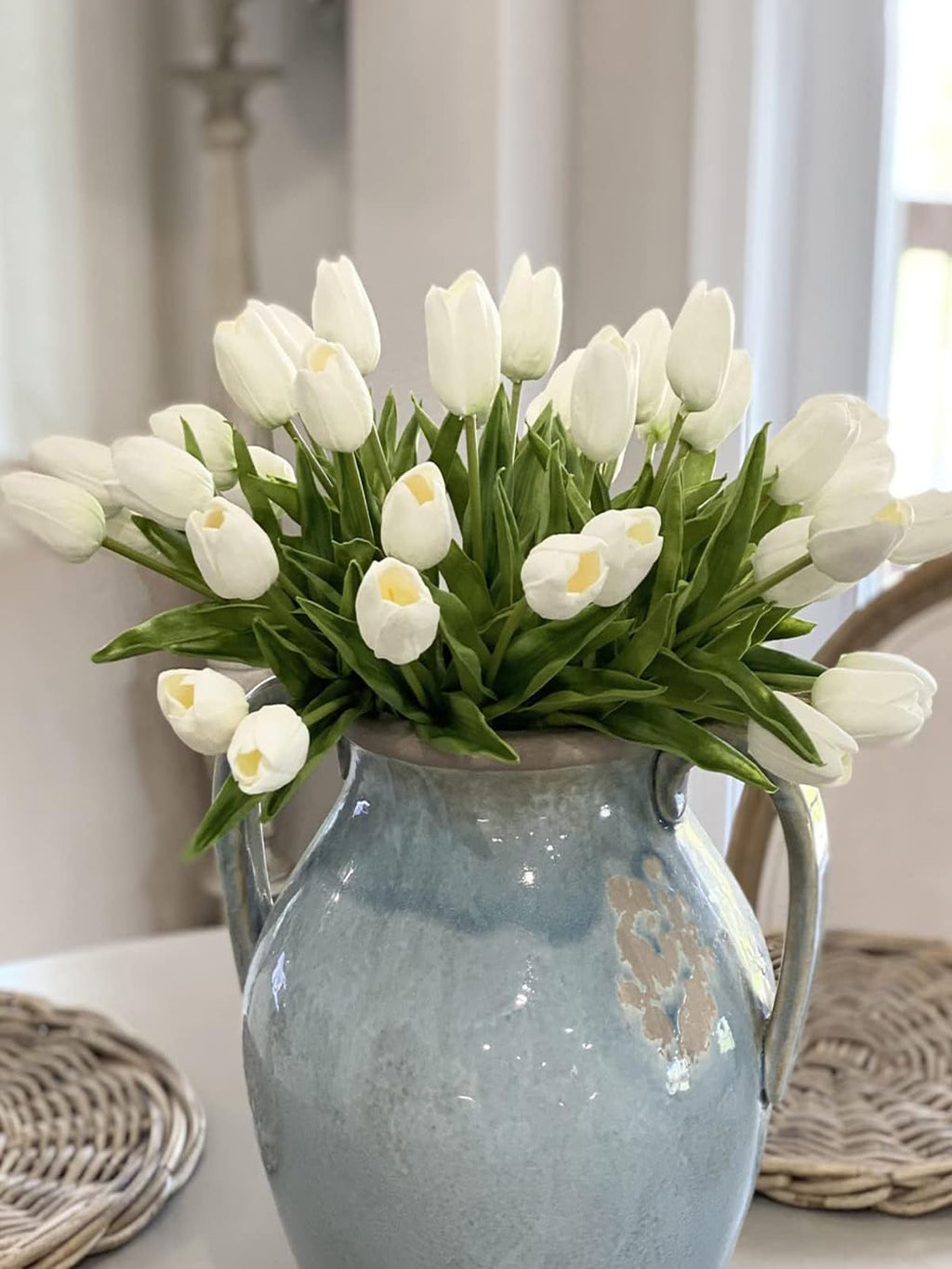 White Tulips Artificial Flowers 18Pcs Faux Silk Tulip Real Touch Tulip Fake Flowers Bouquets Arrangements for