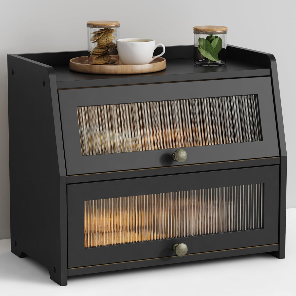 Large Countertop, Black Bread Storage Container made Bread, Double Layer Farmhouse Breadbox Organizer Counter