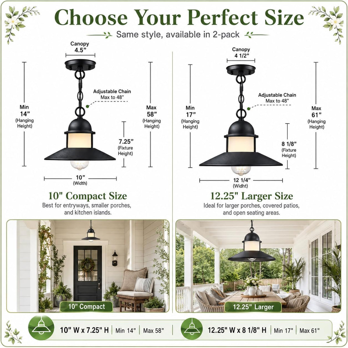 Outdoor Pendant Lights for Porch,2 Pack Farmhouse Exterior Hanging Lights Fixture with Adjustable Chain