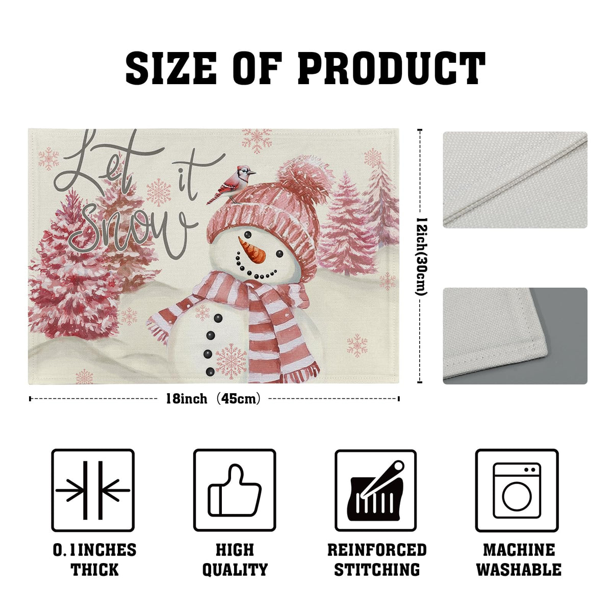 4PCs Pink Snowman Placemats 12x18 Inch Winter Pink Trees Bird Snowflake Decorative Place Mat Christmas Xmas Seasonal