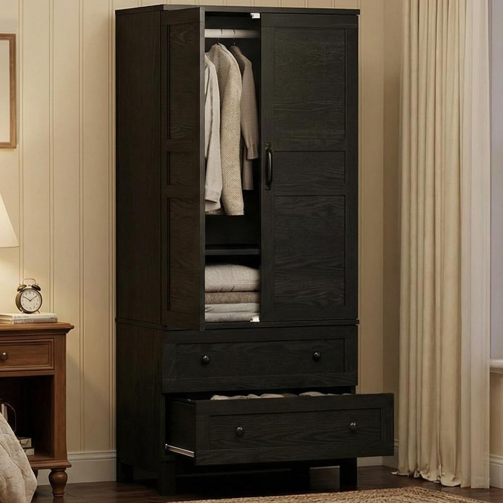 Armoire Wardrobe Closet with 2 Drawers, 72" Tall Wooden Clothing Wardrobe with Hanging Rod & DIY Adjustable Shelf