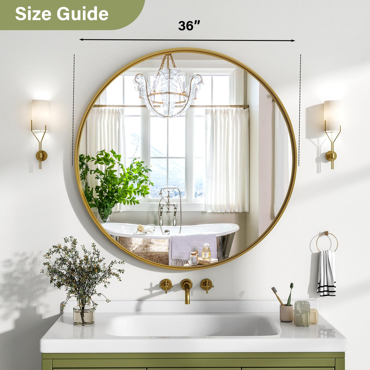 36 Inch Round Bathroom Mirror - Wall Mounted Circle Mirror with Metal Frame, Modern Mirror Suitable, Vanity