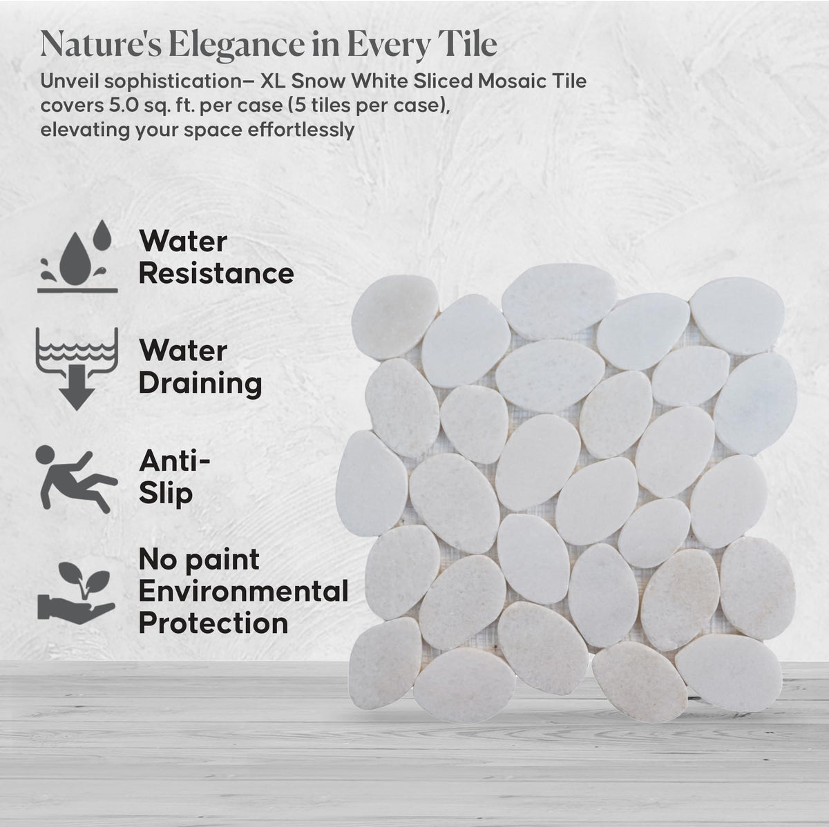 XL Snow White Sliced Pebble Mosaic, Tumbled Stone Backsplash Tiles Walls, Shower and Bathroom Floors, and Outdoor