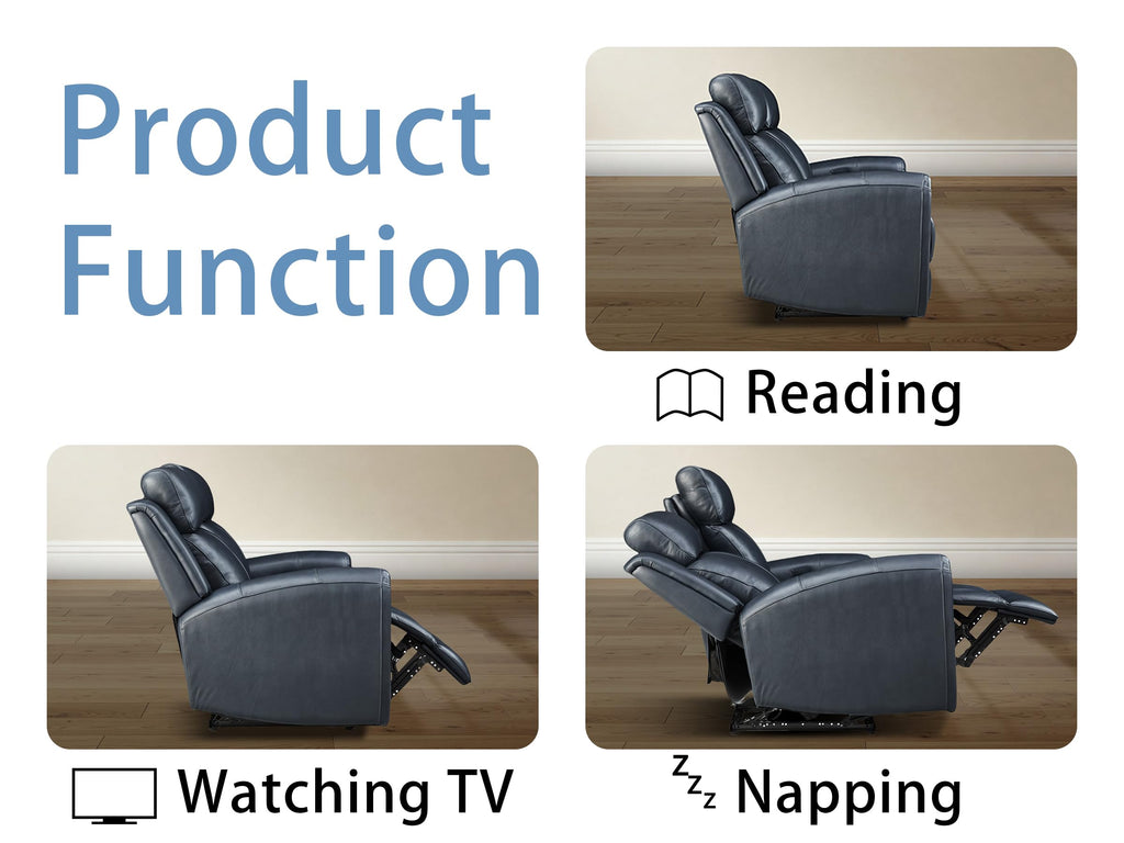 Blue Genuine Leather Power Recliner Sofa Couch with USB Port.