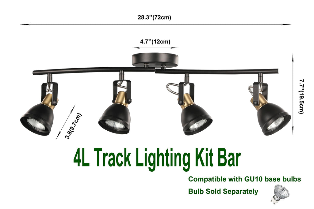4 Light Track Lighting Kit, Matt Black Brass Finish 4 Way Adjustable with Moden Flush Mount Ceiling Spotlight