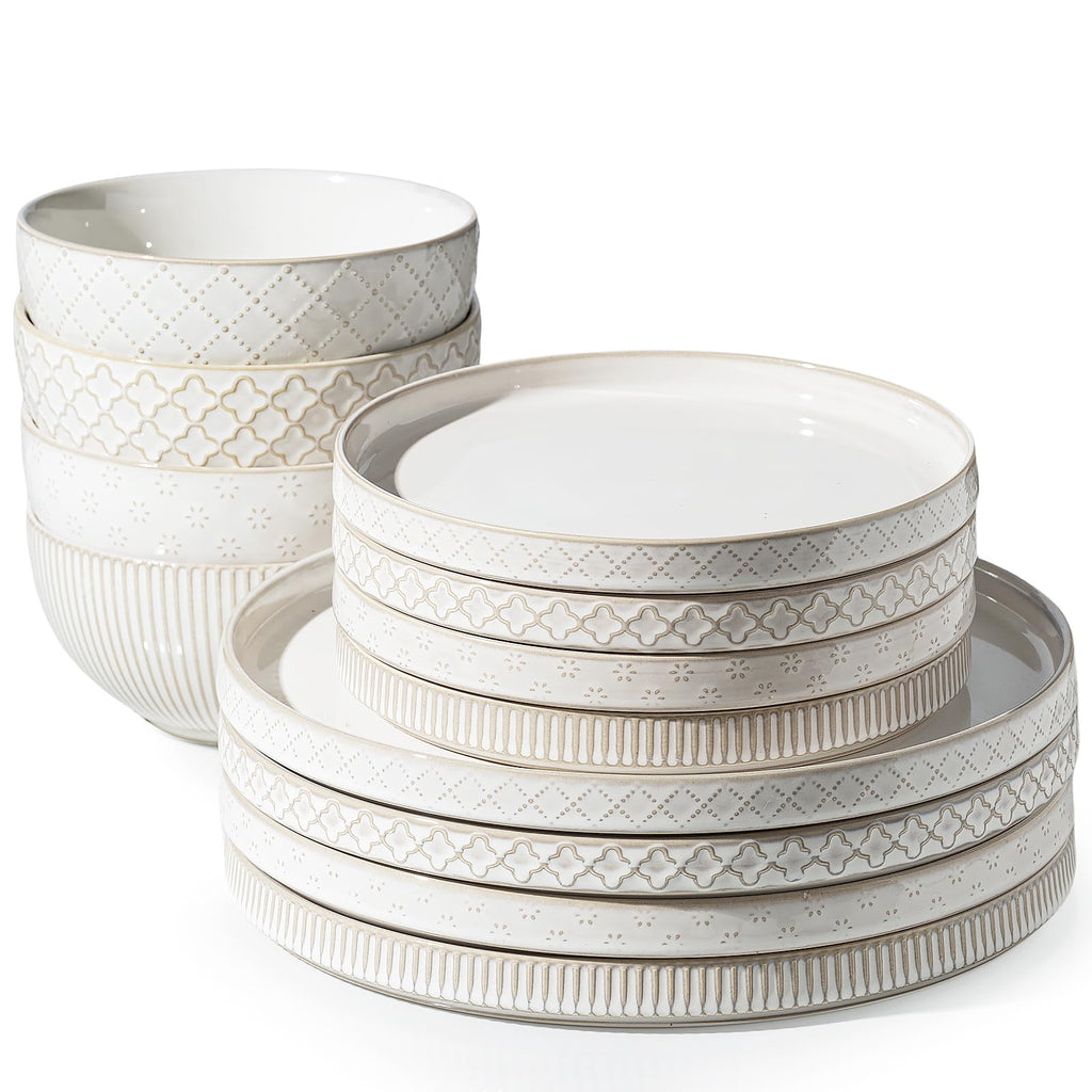Dinnerware Sets, Plates and Bowls Sets (10.5" Dish + 8" Dish + 6" Bowl) for 4, Microwave and Dishwasher Safe, Ceramic