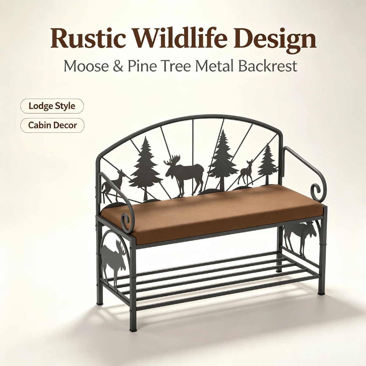 Metal Entryway Storage Bench with Cushion, Rustic Country Style