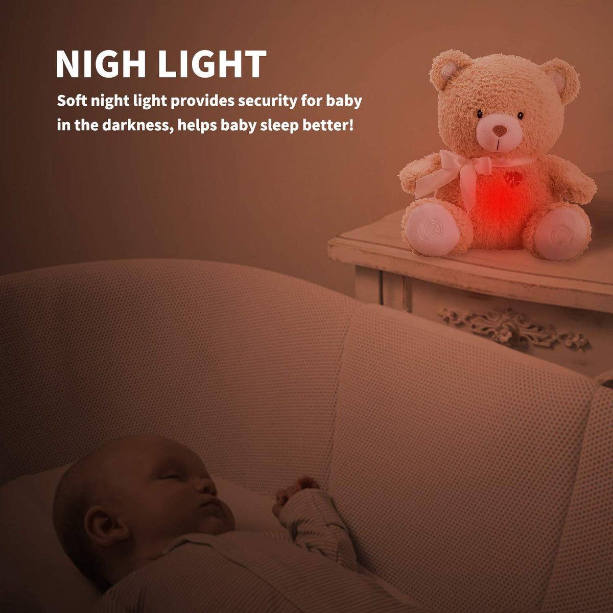Newborns Musical Baby Sleep Soother, Mom's Heartbeat White Noise Machine, Bear Sleeping Aid with Cry Sensor|Night