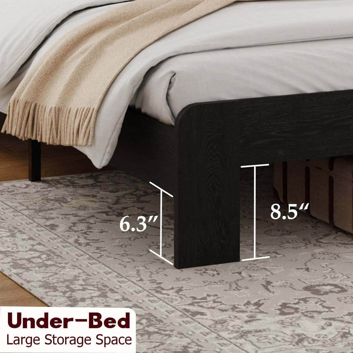 Wood Platform Bed Frame, Queen Size Bed Frame with Headboard, Black