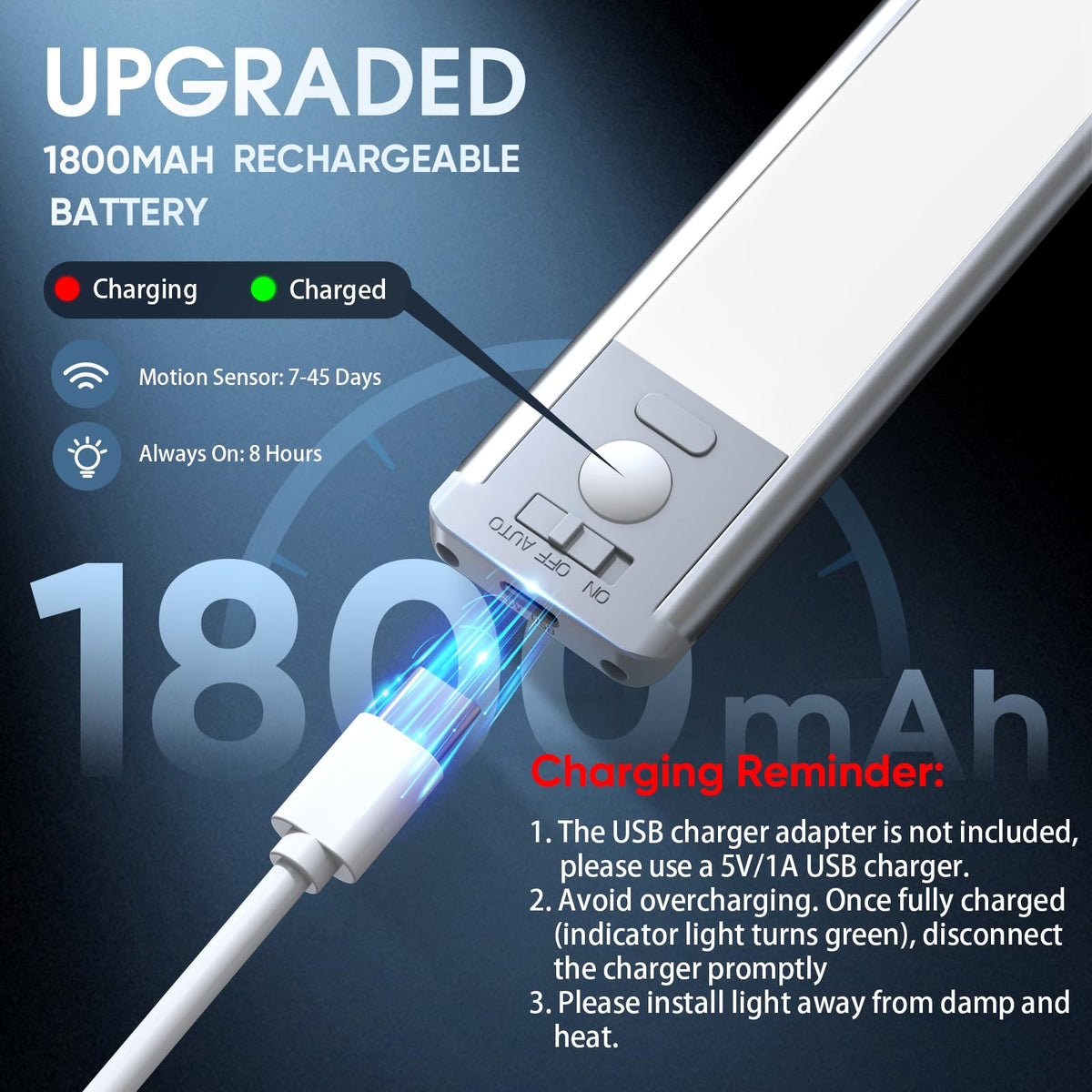 10inch Under Cabinet Lighting, 2 Pack Rechargeable Motion Sensor Light Indoor, 5 Levels Dimmable Magnetic Closet