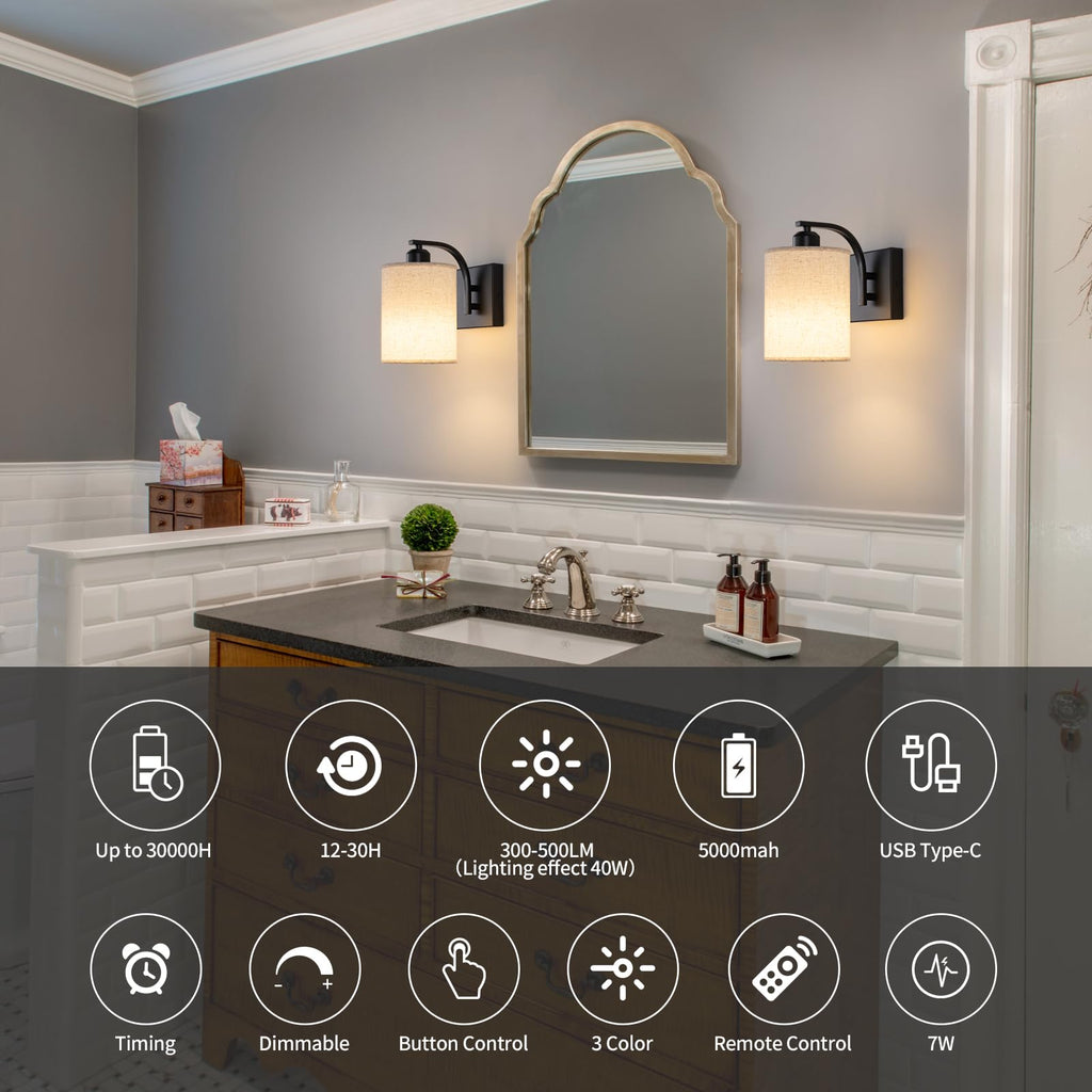 Black Rechargeable Wall Sconces Set of 2 with Remote, Wireless Dimmable Battery Operated LED Wall Lights, Cordless