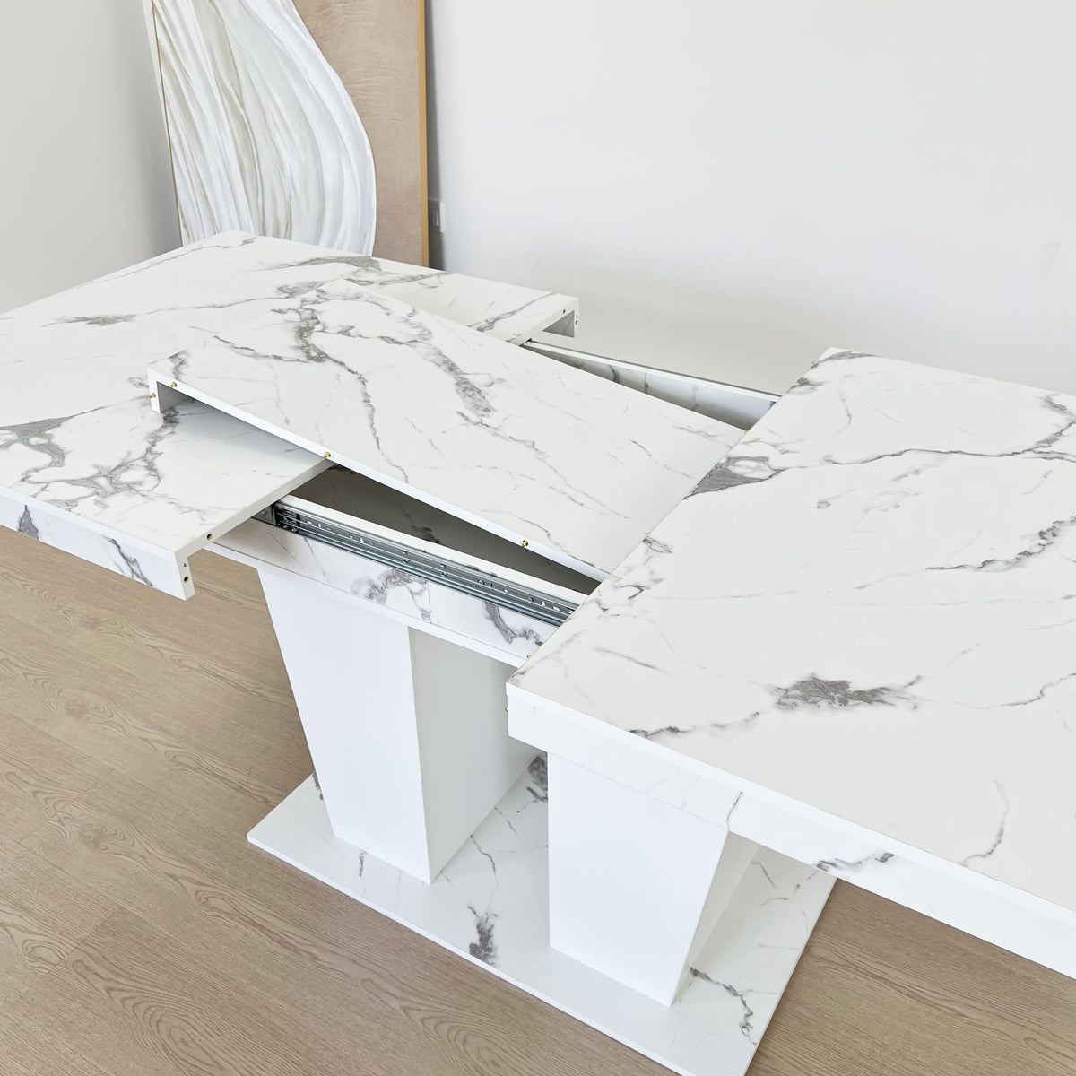 Faux Marble Dining Table Set for 8, 63"-78.7" Extendable Dining Room Table and 8 Beige Velvet Upholstered Chairs