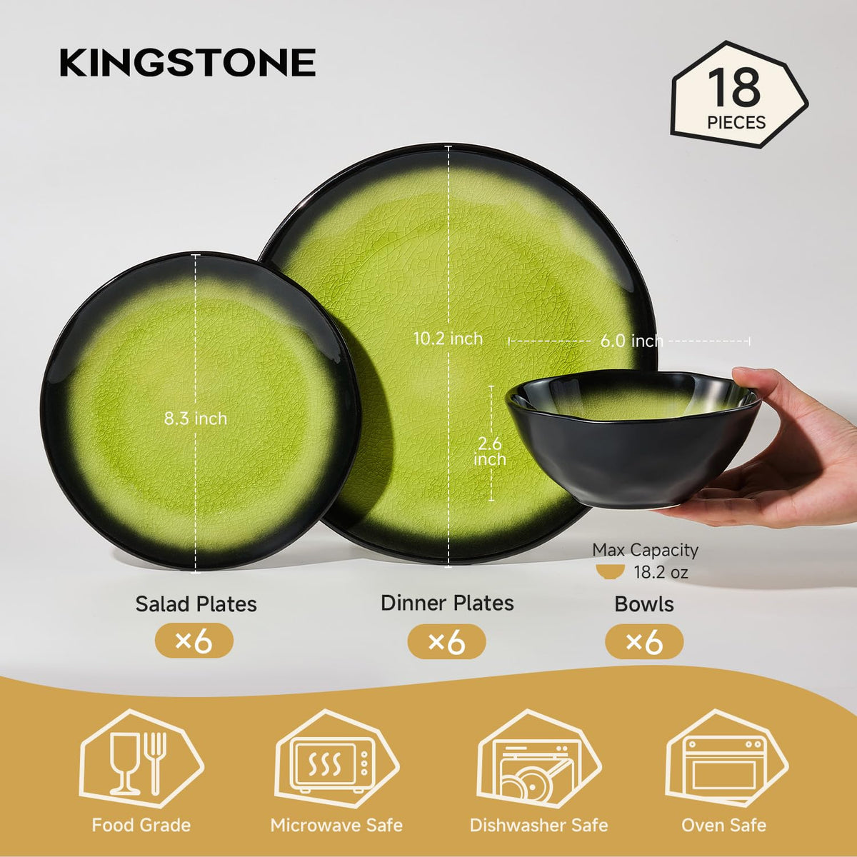 18-Piece Dinnerware Set for 6, Ceramic Plates and Bowls Sets