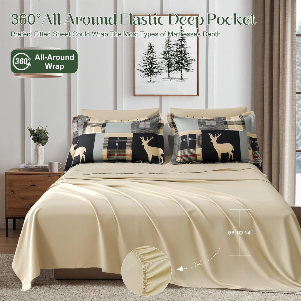 Comforter Set Plaid Patchwork Comforter Bedding-7 Piece Bed in a Bag, Rustic Soft Reversible Microfiber