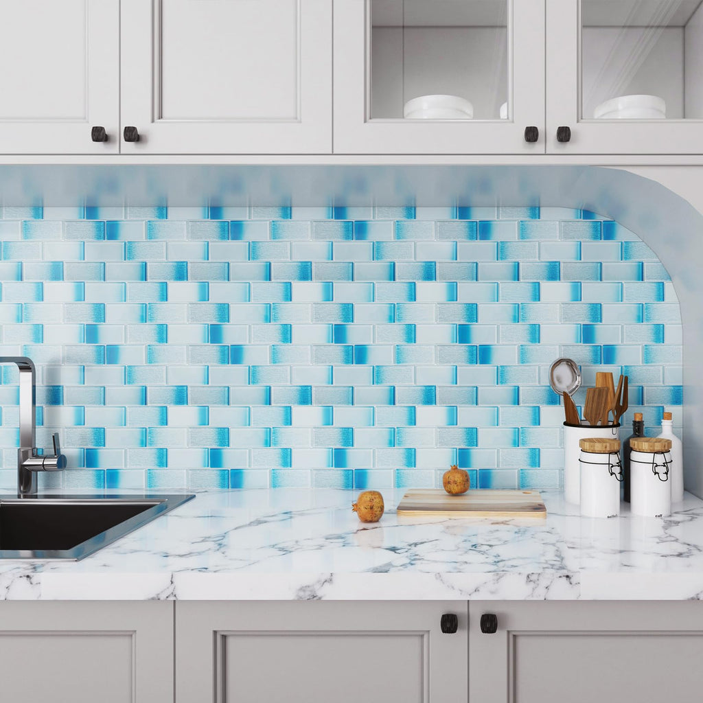 Glass Subway Mosaic Tile, Gradient Blue Backsplash, 12x12, 5 Sheets