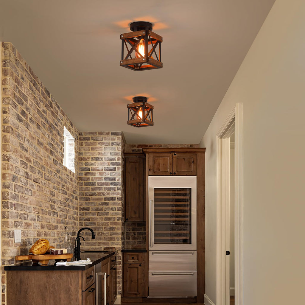 Farmhouse Wood Flush Mount Ceiling Light Fixture Oak Wood and Metal Square Cage Small Semi Flush Mount Ceiling Light