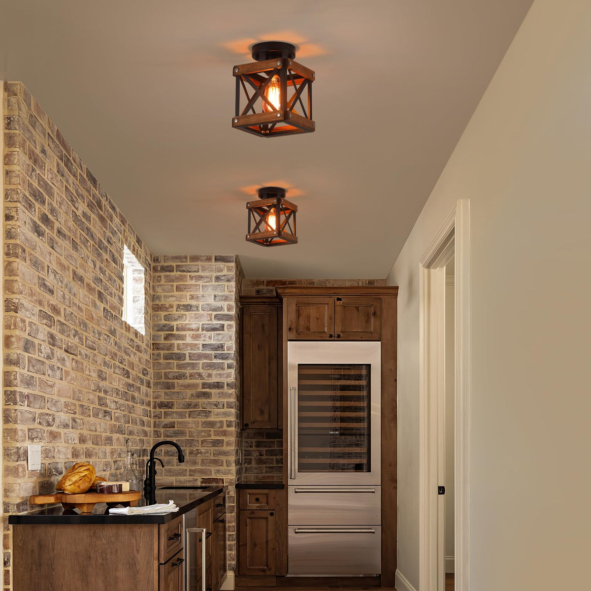 Farmhouse Wood Flush Mount Ceiling Light Fixture Oak Wood and Metal Square Cage Small Semi Flush Mount Ceiling Light