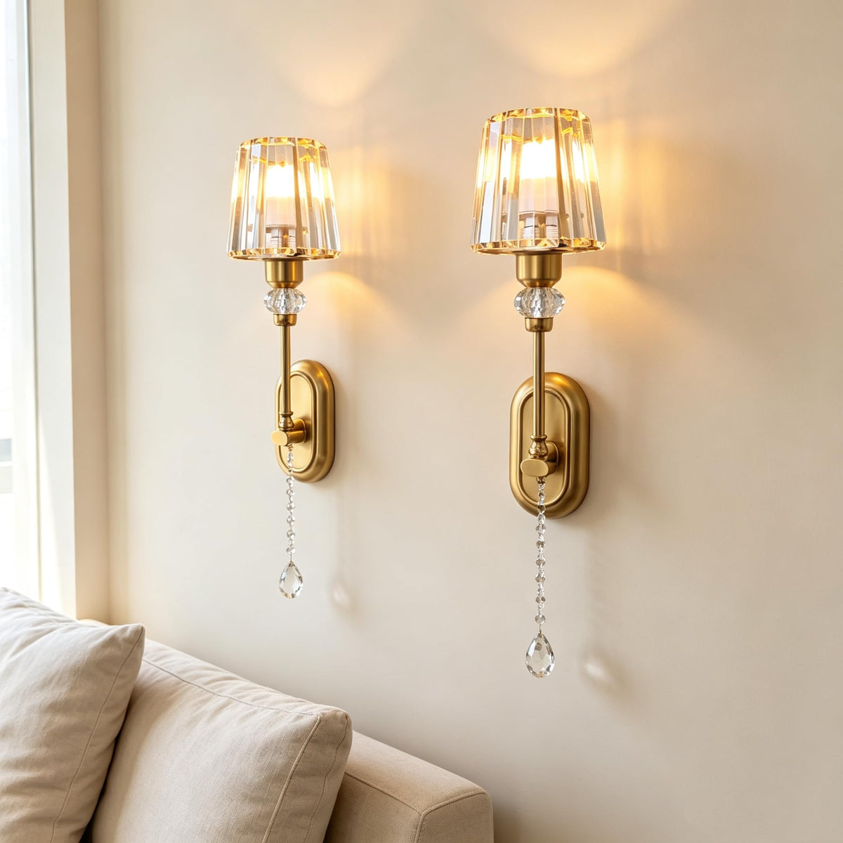 2 Pack Rechargeable Gold Crystal Wall Sconces, 5000mAh Battery Operated Wireless Wall Lamp, 15 Color Changing