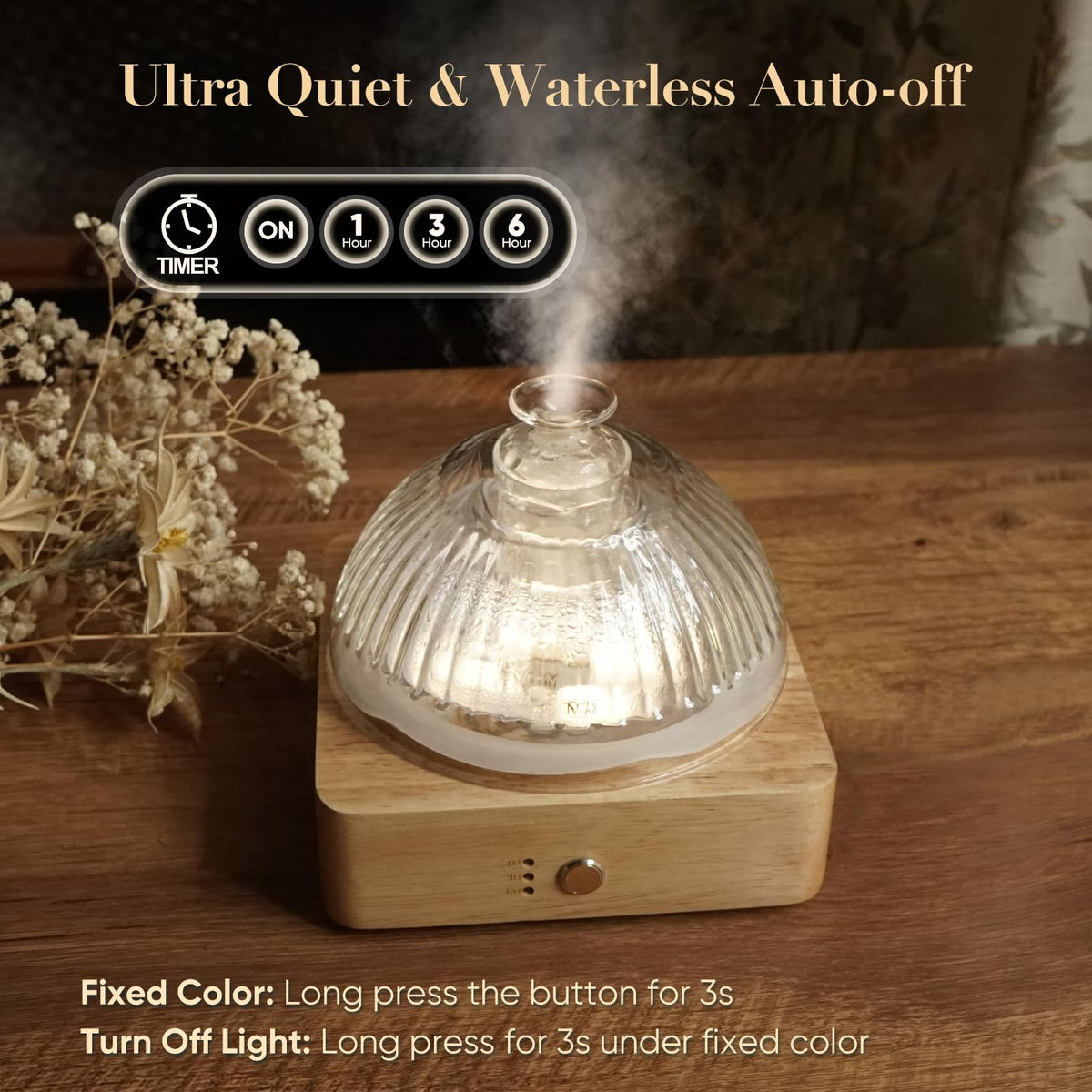 Glass Dome Essential Oil Diffuser with Glass Reservoir & Wood Base-No Plastic, 200ml Ultrasonic Diffuser for