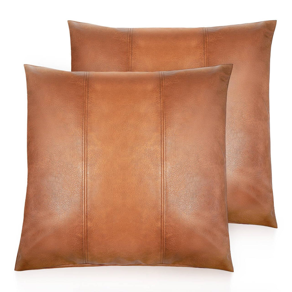 Faux Leather Throw Pillow Cover 16X16 Inch Set of 2 Brown Outdoor Modern Farmhouse Solid Decorative Pillow Covers for