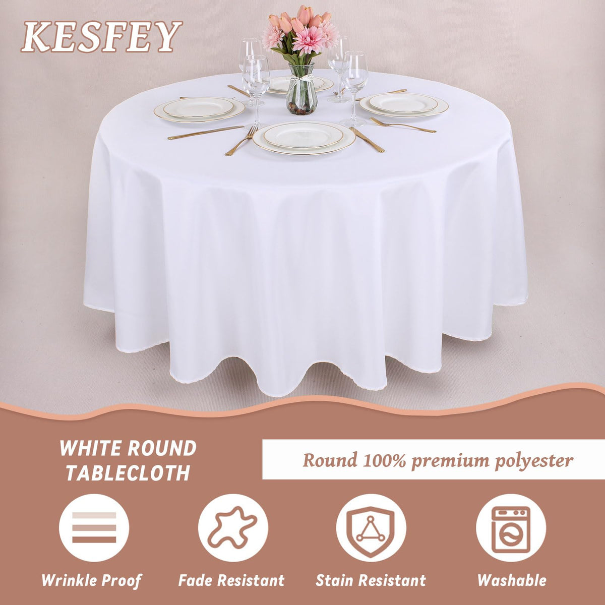 90 Inch Round Tablecloth White Polyester Fabric Table Covers 6 Packs