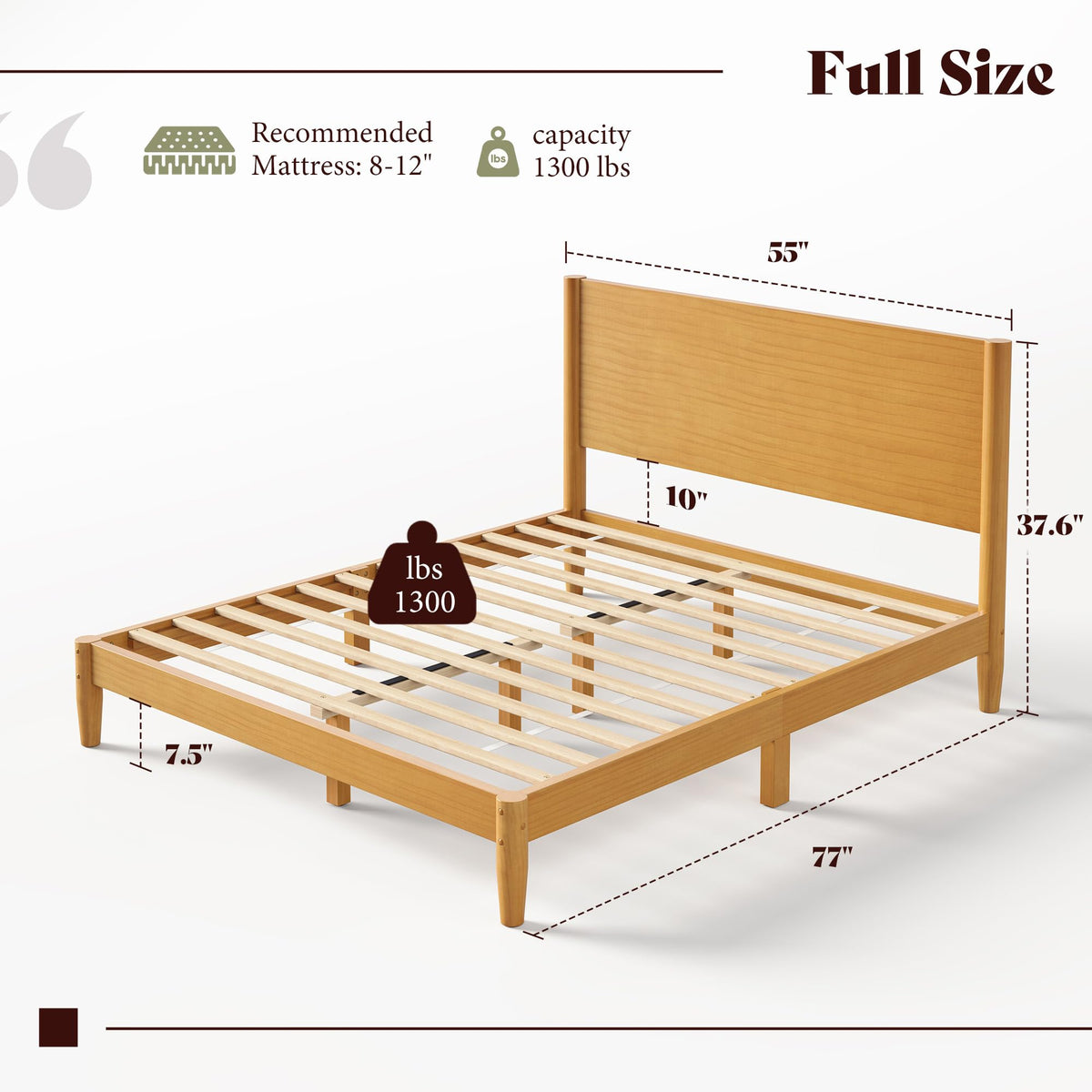 Solid Wood Full Bed Frame, Mid Century Bed with Headboard, Natural