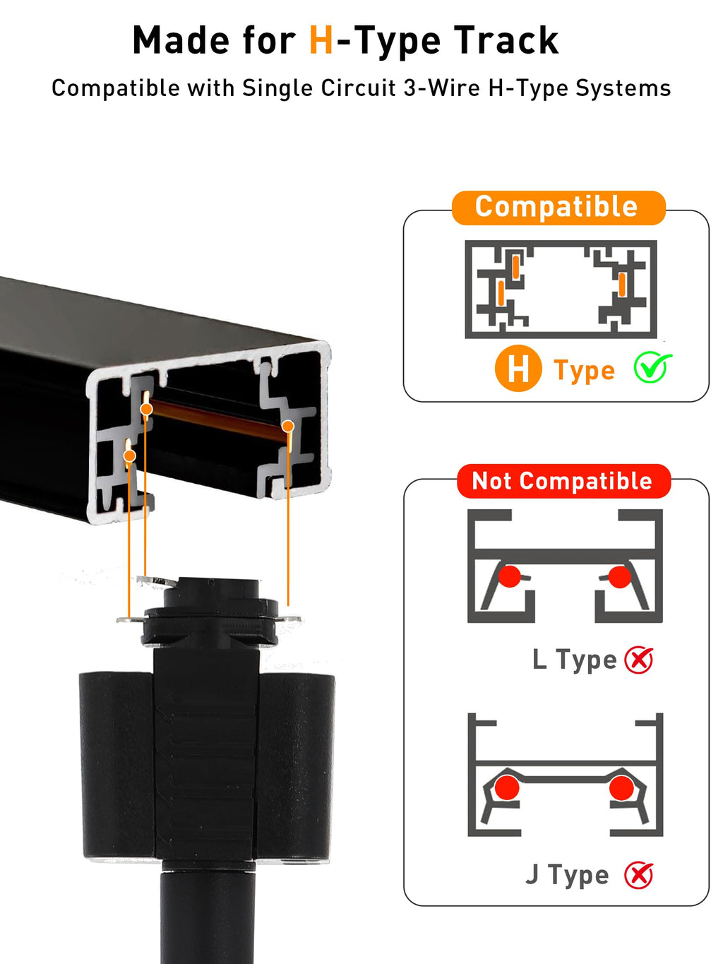 [6 Pack] H Type Track Lighting Heads to Gu10 Base Socket Light Direction Adjustable,Round,Black